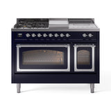 ILVE 48-Inch Nostalgie II Noblesse Natural Gas Dual Fuel Range with 5 Sealed Burners, Griddle, French Top and Triple Glass Door Oven in Midnight Blue with Chrome Trim (UN48FSNMPMBC)