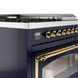 ILVE 48-Inch Nostalgie II Noblesse Natural Gas Dual Fuel Range with 5 Sealed Burners, Griddle, French Top and Triple Glass Door Oven in Midnight Blue with Brass Trim (UN48FSNMPMBG)
