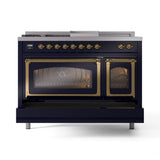 ILVE 48-Inch Nostalgie II Noblesse Natural Gas Dual Fuel Range with 5 Sealed Burners, Griddle, French Top and Triple Glass Door Oven in Midnight Blue with Brass Trim (UN48FSNMPMBG)