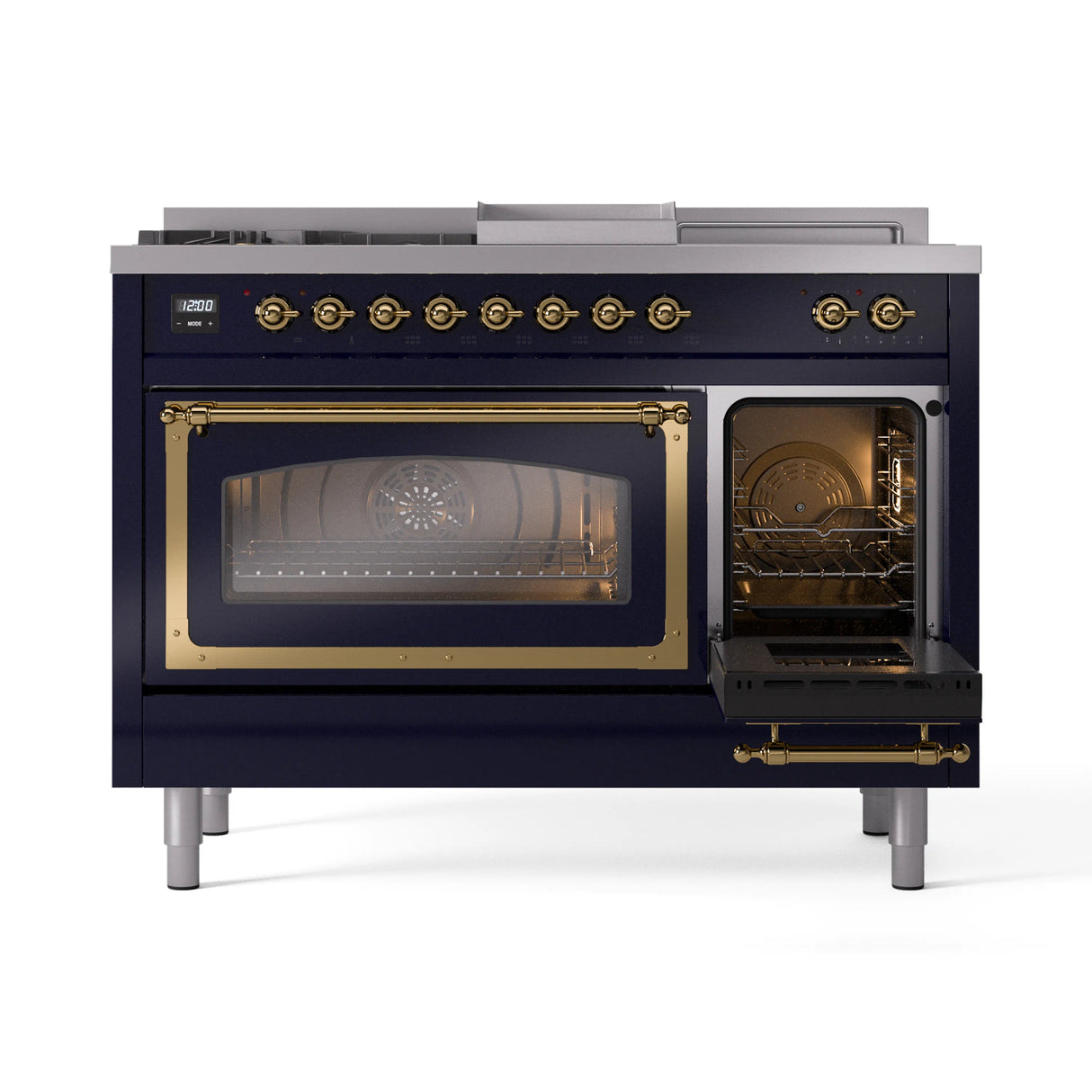 ILVE 48-Inch Nostalgie II Noblesse Natural Gas Dual Fuel Range with 5 Sealed Burners, Griddle, French Top and Triple Glass Door Oven in Midnight Blue with Brass Trim (UN48FSNMPMBG)
