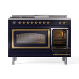 ILVE 48-Inch Nostalgie II Noblesse Natural Gas Dual Fuel Range with 5 Sealed Burners, Griddle, French Top and Triple Glass Door Oven in Midnight Blue with Brass Trim (UN48FSNMPMBG)