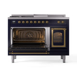ILVE 48-Inch Nostalgie II Noblesse Natural Gas Dual Fuel Range with 5 Sealed Burners, Griddle, French Top and Triple Glass Door Oven in Midnight Blue with Brass Trim (UN48FSNMPMBG)