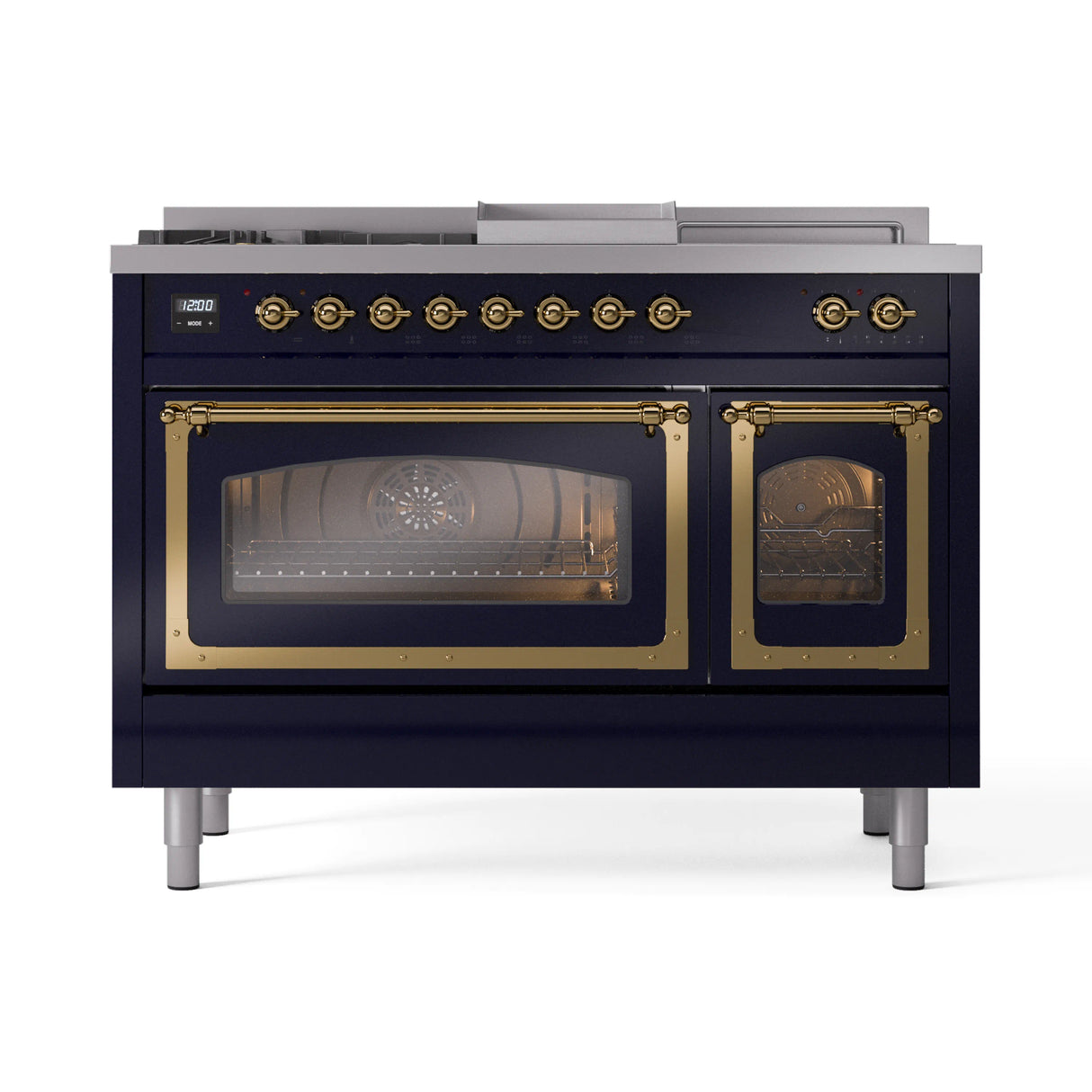 ILVE 48-Inch Nostalgie II Noblesse Natural Gas Dual Fuel Range with 5 Sealed Burners, Griddle, French Top and Triple Glass Door Oven in Midnight Blue with Brass Trim (UN48FSNMPMBG)