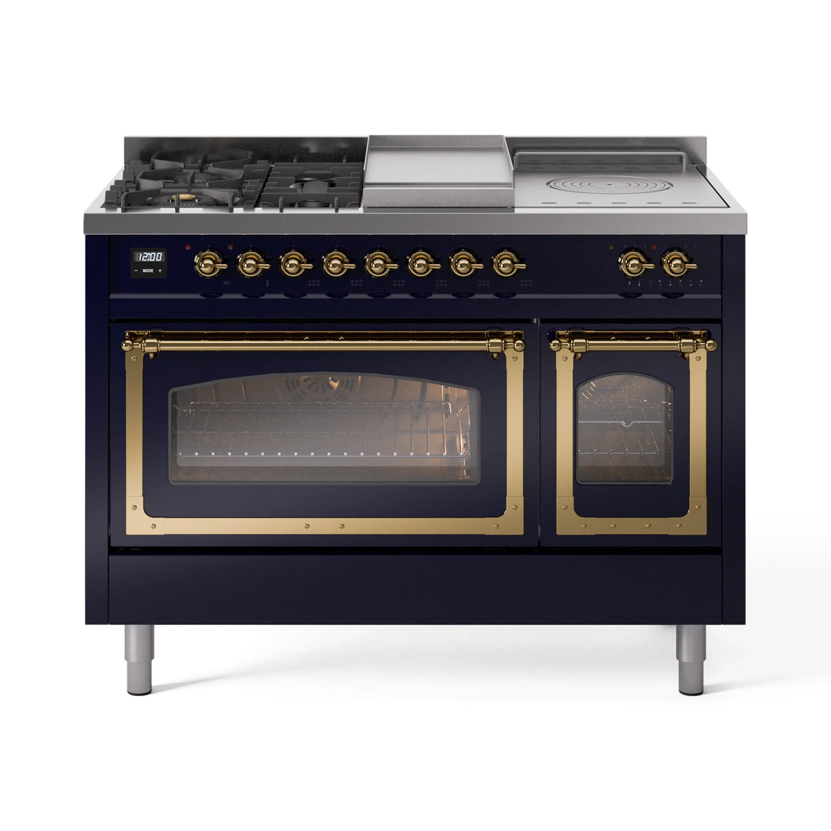 ILVE 48-Inch Nostalgie II Noblesse Natural Gas Dual Fuel Range with 5 Sealed Burners, Griddle, French Top and Triple Glass Door Oven in Midnight Blue with Brass Trim (UN48FSNMPMBG)