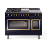 ILVE 48-Inch Nostalgie II Noblesse Natural Gas Dual Fuel Range with 5 Sealed Burners, Griddle, French Top and Triple Glass Door Oven in Midnight Blue with Brass Trim (UN48FSNMPMBG)