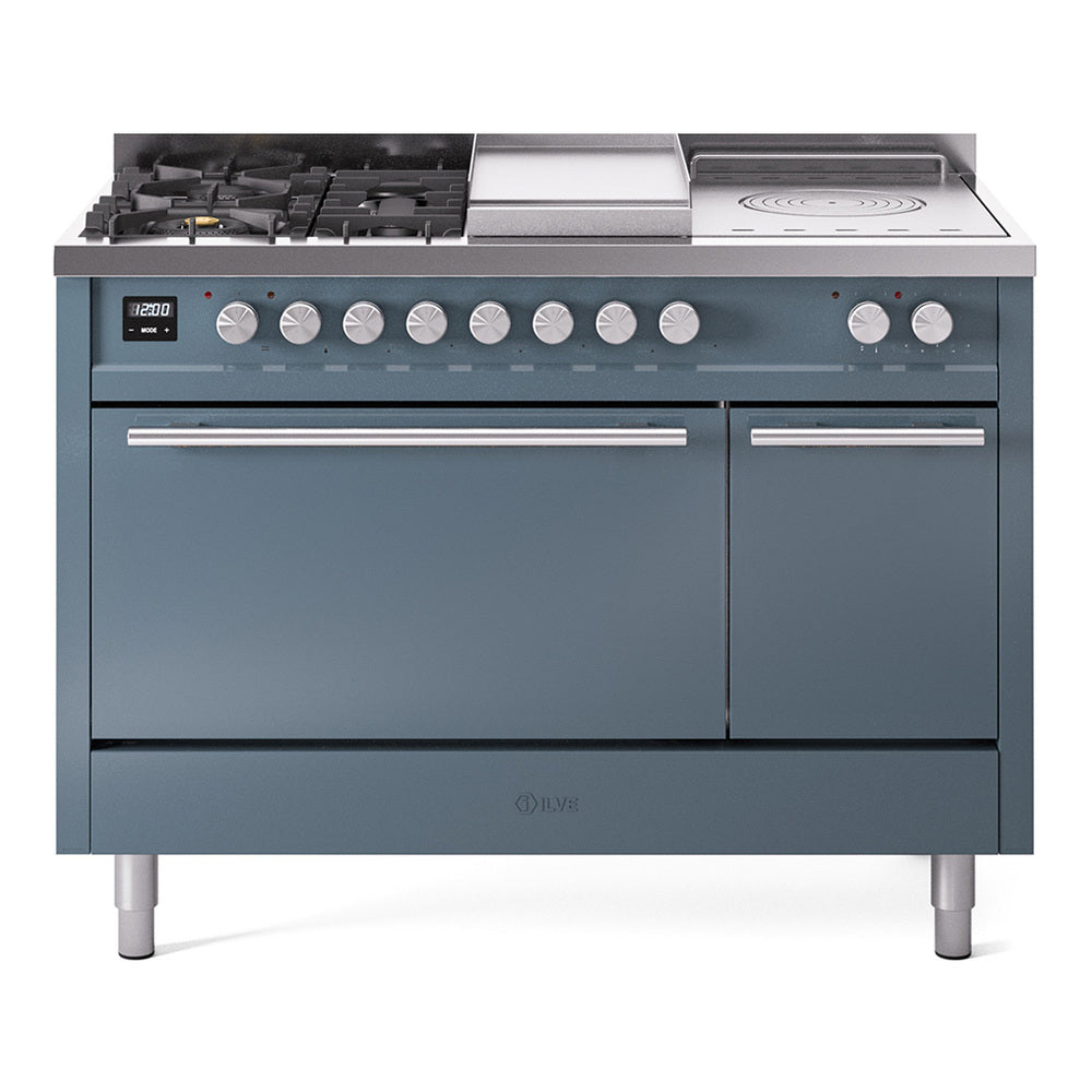 ILVE Professional Plus II 48-inch Natural Gas Dual Fuel Range with 5 Burners, Griddle, & French Top with Solid Door Oven in Blue Grey (UP48FSQMPBG)