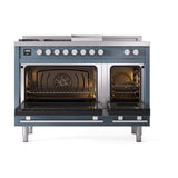 ILVE Professional Plus II 48-inch Natural Gas Dual Fuel Range with 5 Burners, Griddle, & French Top with Solid Door Oven in Blue Grey (UP48FSQMPBG)