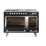 ILVE Professional Plus II 48-inch Propane Gas Dual Fuel Range with 5 Burners, Griddle, & French Top with Solid Door Oven in Glossy Black (UP48FSQMPBKLP)