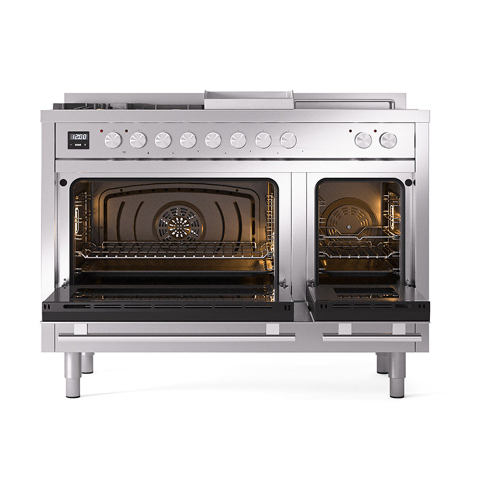 ILVE Professional Plus II 48-inch Propane Gas Dual Fuel Range with 5 Burners, Griddle, & French Top with Solid Door Oven in Stainless Steel (UP48FSQMPSSLP)