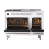 ILVE Professional Plus II 48-inch Natural Gas Dual Fuel Range with 5 Burners, Griddle, & French Top with Solid Door Oven in White (UP48FSQMPWH)
