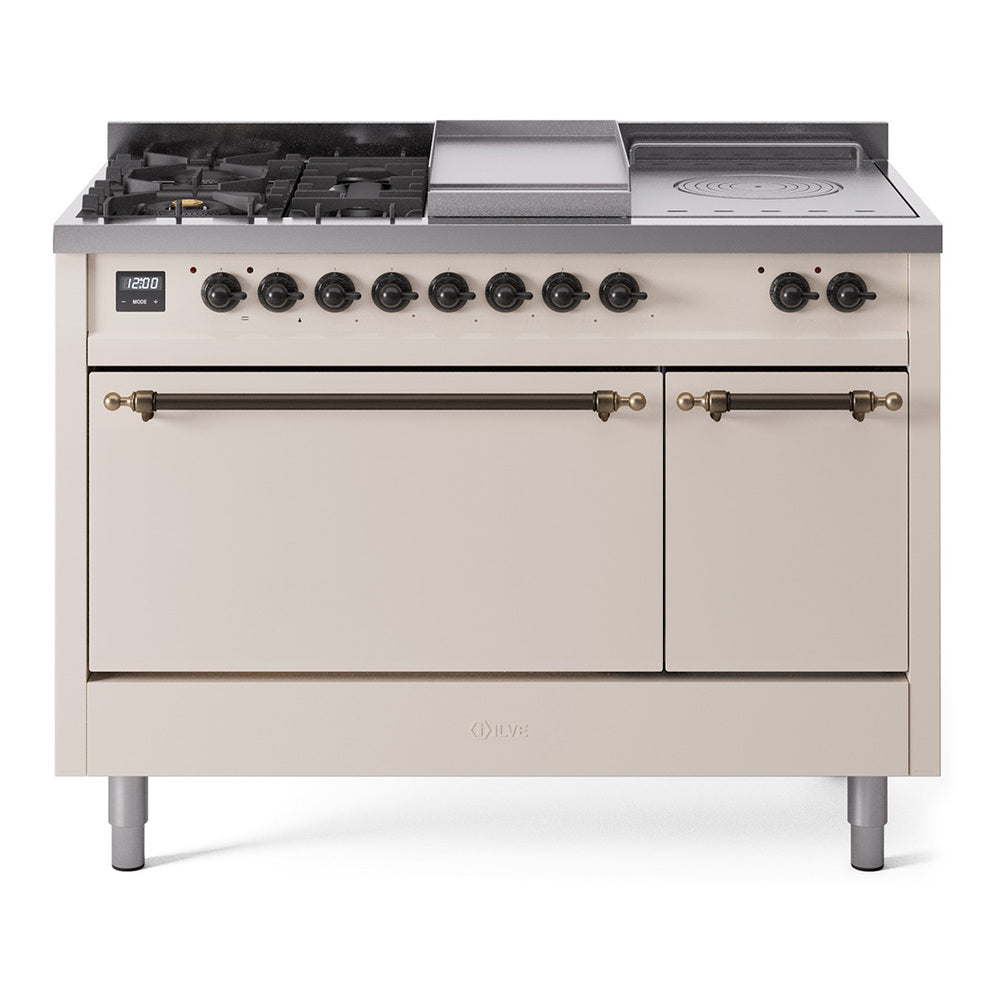 ILVE Nostalgie II 48-Inch Propane Gas Dual Fuel Range with 5 Burners, Griddle, & French Top, with Solid Door Oven in Antique White with Bronze Trim (UP48FSQNMPAWBLP)