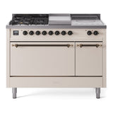 ILVE Nostalgie II 48-Inch Propane Gas Dual Fuel Range with 5 Burners, Griddle, & French Top, with Solid Door Oven in Antique White with Bronze Trim (UP48FSQNMPAWBLP)
