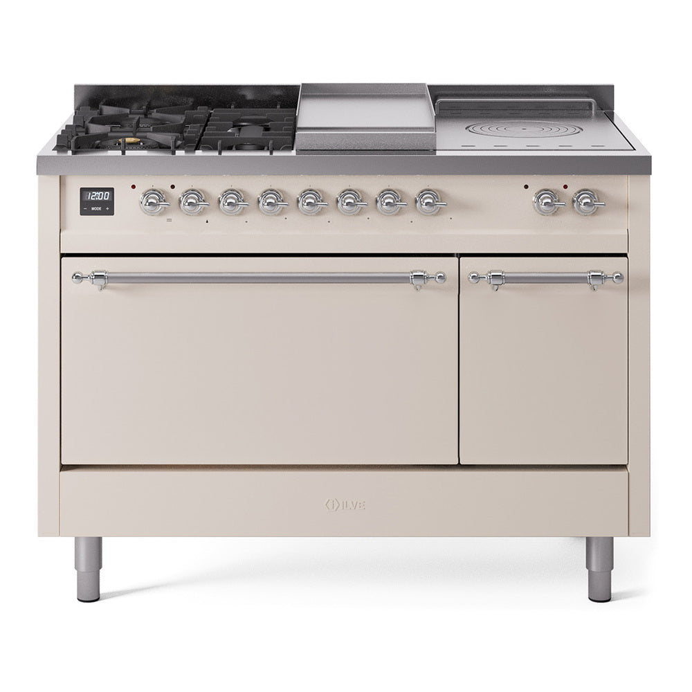 ILVE Nostalgie II 48-Inch Propane Gas Dual Fuel Range with 5 Burners, Griddle, & French Top, with Solid Door Oven in Antique White with Chrome Trim (UP48FSQNMPAWCLP)