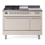 ILVE Nostalgie II 48-Inch Propane Gas Dual Fuel Range with 5 Burners, Griddle, & French Top, with Solid Door Oven in Antique White with Chrome Trim (UP48FSQNMPAWCLP)