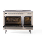 ILVE Nostalgie II 48-Inch Propane Gas Dual Fuel Range with 5 Burners, Griddle, & French Top, with Solid Door Oven in Antique White with Chrome Trim (UP48FSQNMPAWCLP)