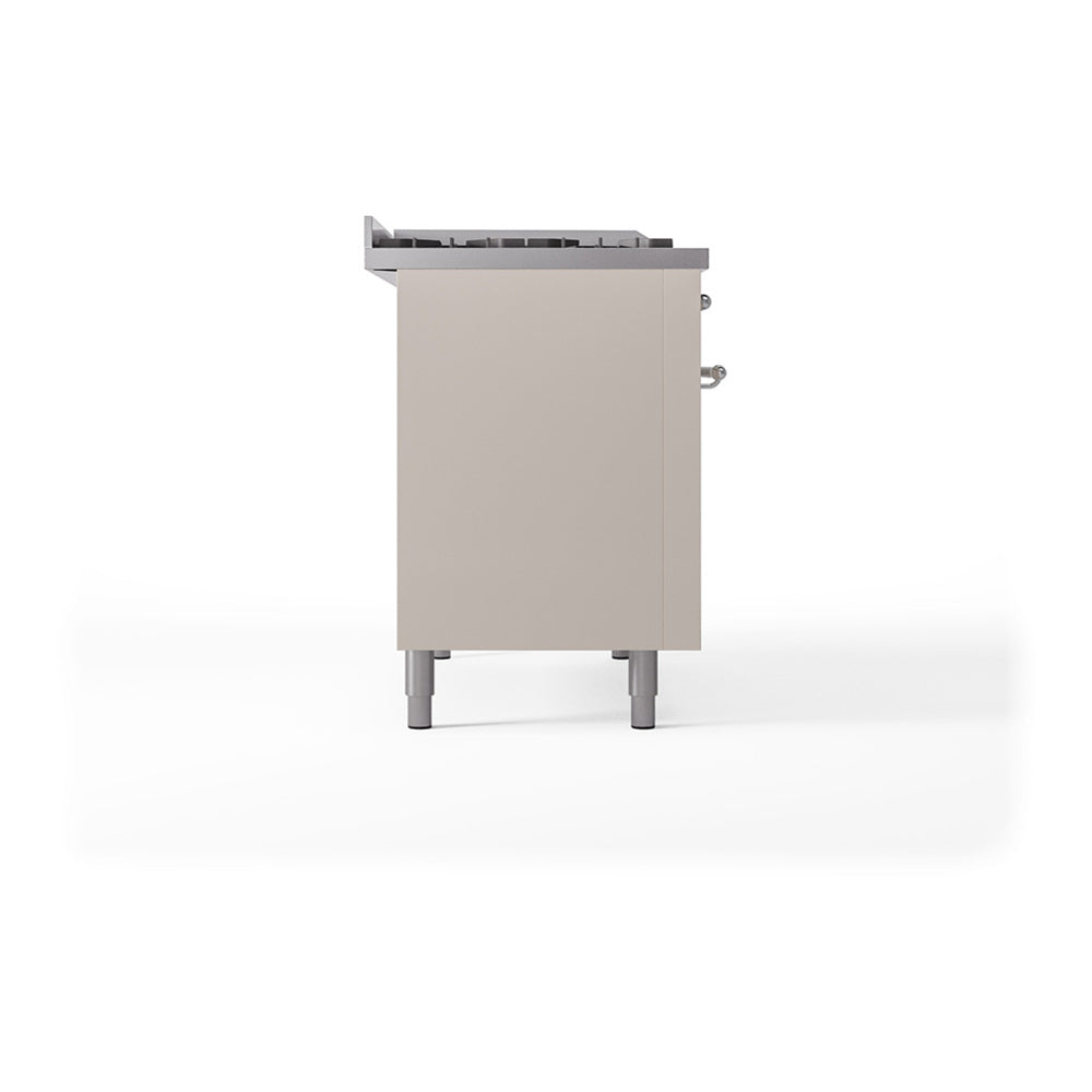 ILVE Nostalgie II 48-Inch Propane Gas Dual Fuel Range with 5 Burners, Griddle, & French Top, with Solid Door Oven in Antique White with Chrome Trim (UP48FSQNMPAWCLP)
