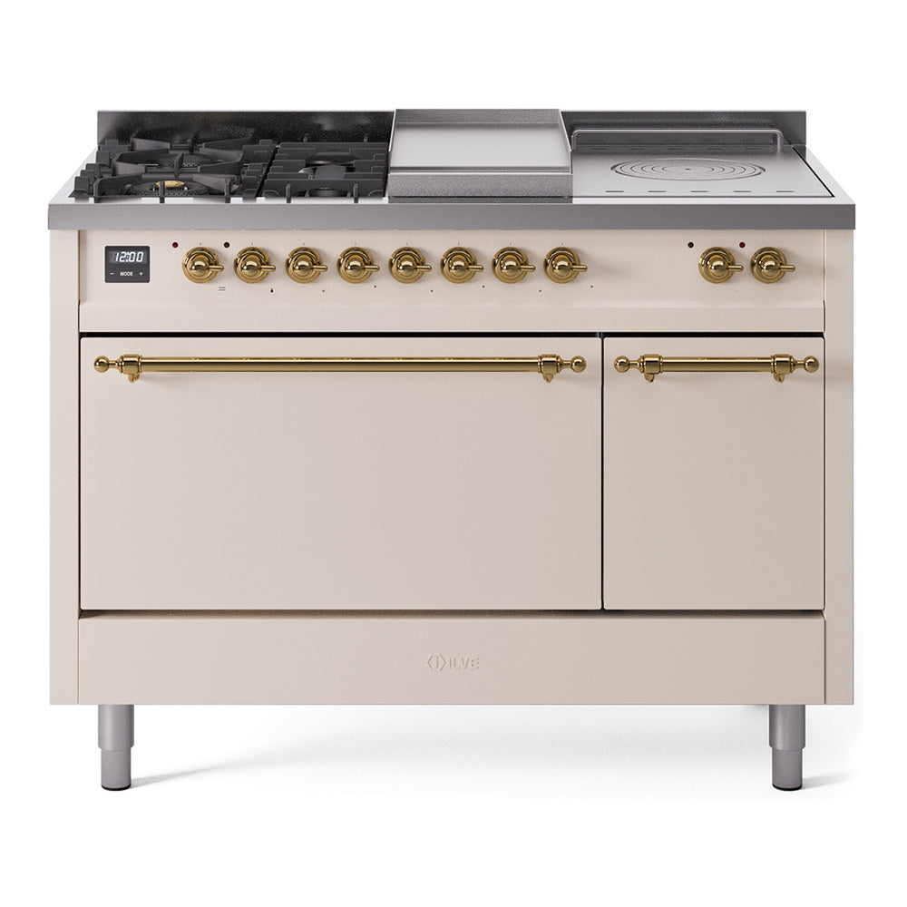 ILVE Nostalgie II 48-Inch Propane Gas Dual Fuel Range with 5 Burners, Griddle, & French Top, with Solid Door Oven in Antique White with Brass Trim (UP48FSQNMPAWGLP)