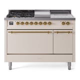 ILVE Nostalgie II 48-Inch Propane Gas Dual Fuel Range with 5 Burners, Griddle, & French Top, with Solid Door Oven in Antique White with Brass Trim (UP48FSQNMPAWGLP)