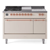 ILVE Nostalgie II 48-Inch Propane Gas Dual Fuel Range with 5 Burners, Griddle, & French Top, with Solid Door Oven in Antique White with Copper Trim (UP48FSQNMPAWPLP)