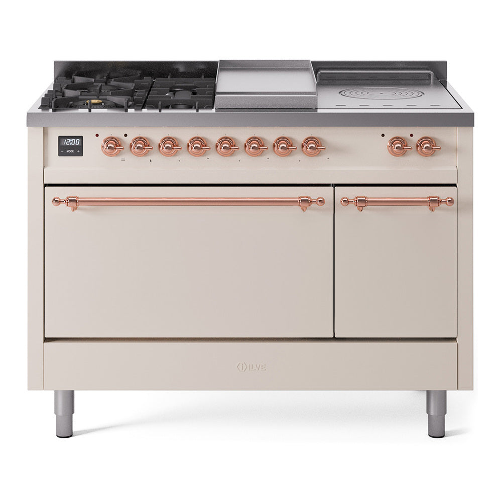 ILVE Nostalgie II 48-Inch Natural Gas Dual Fuel Range with 5 Burners, Griddle, & French Top, with Solid Door Oven in Antique White with Copper Trim (UP48FSQNMPAWP)