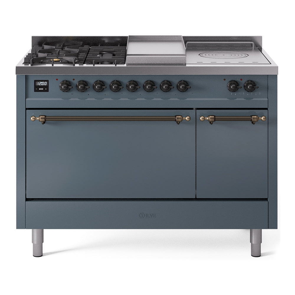 ILVE Nostalgie II 48-Inch Propane Gas Dual Fuel Range with 5 Burners, Griddle, & French Top, with Solid Door Oven in Blue Grey with Bronze Trim (UP48FSQNMPBGBLP)