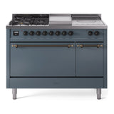 ILVE Nostalgie II 48-Inch Propane Gas Dual Fuel Range with 5 Burners, Griddle, & French Top, with Solid Door Oven in Blue Grey with Bronze Trim (UP48FSQNMPBGBLP)