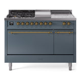ILVE Nostalgie II 48-Inch Propane Gas Dual Fuel Range with 5 Burners, Griddle, & French Top, with Solid Door Oven in Blue Grey with Brass Trim (UP48FSQNMPBGGLP)