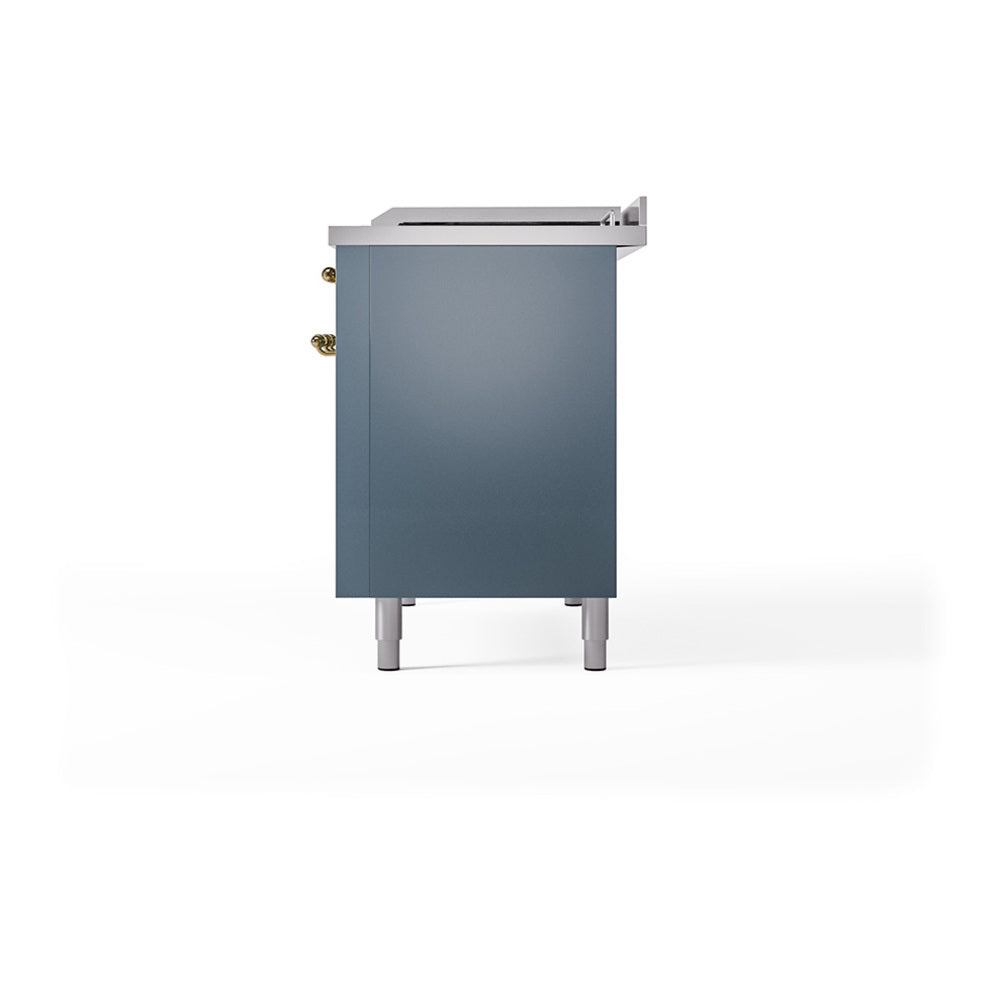 ILVE Nostalgie II 48-Inch Propane Gas Dual Fuel Range with 5 Burners, Griddle, & French Top, with Solid Door Oven in Blue Grey with Brass Trim (UP48FSQNMPBGGLP)