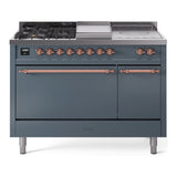 ILVE Nostalgie II 48-Inch Natural Gas Dual Fuel Range with 5 Burners, Griddle, & French Top, with Solid Door Oven in Blue Grey with Copper Trim (UP48FSQNMPBGP)