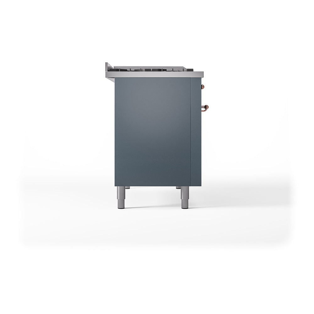 ILVE Nostalgie II 48-Inch Natural Gas Dual Fuel Range with 5 Burners, Griddle, & French Top, with Solid Door Oven in Blue Grey with Copper Trim (UP48FSQNMPBGP)