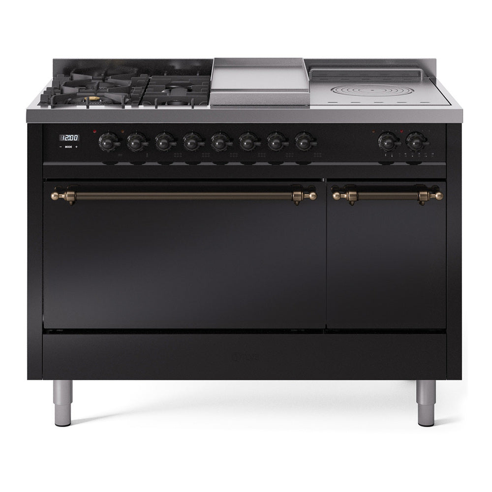 ILVE Nostalgie II 48-Inch Natural Gas Dual Fuel Range with 5 Burners, Griddle, & French Top, with Solid Door Oven in Glossy Black with Bronze Trim (UP48FSQNMPBKB)