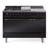 ILVE Nostalgie II 48-Inch Natural Gas Dual Fuel Range with 5 Burners, Griddle, & French Top, with Solid Door Oven in Glossy Black with Bronze Trim (UP48FSQNMPBKB)