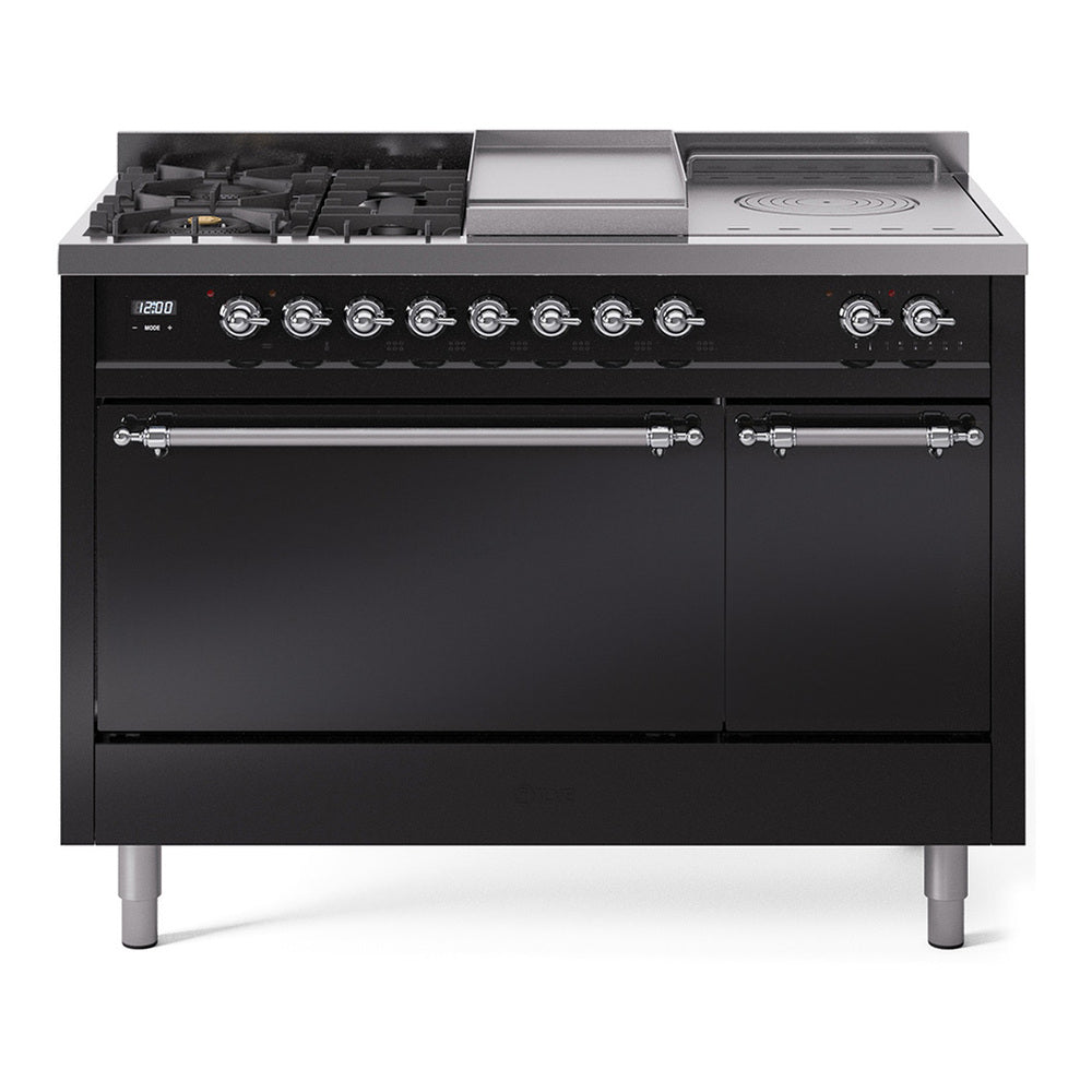 ILVE Nostalgie II 48-Inch Propane Gas Dual Fuel Range with 5 Burners, Griddle, & French Top, with Solid Door Oven in Glossy Black with Chrome Trim (UP48FSQNMPBKCLP)