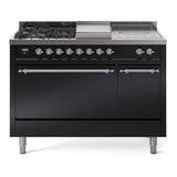 ILVE Nostalgie II 48-Inch Propane Gas Dual Fuel Range with 5 Burners, Griddle, & French Top, with Solid Door Oven in Glossy Black with Chrome Trim (UP48FSQNMPBKCLP)