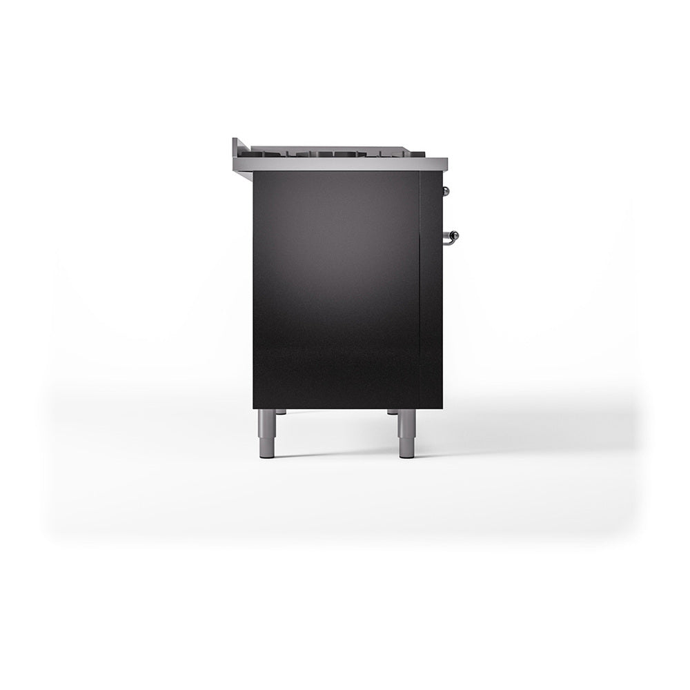 ILVE Nostalgie II 48-Inch Propane Gas Dual Fuel Range with 5 Burners, Griddle, & French Top, with Solid Door Oven in Glossy Black with Chrome Trim (UP48FSQNMPBKCLP)