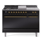 ILVE Nostalgie II 48-Inch Propane Gas Dual Fuel Range with 5 Burners, Griddle, & French Top, with Solid Door Oven in Glossy Black with Brass Trim (UP48FSQNMPBKGLP)