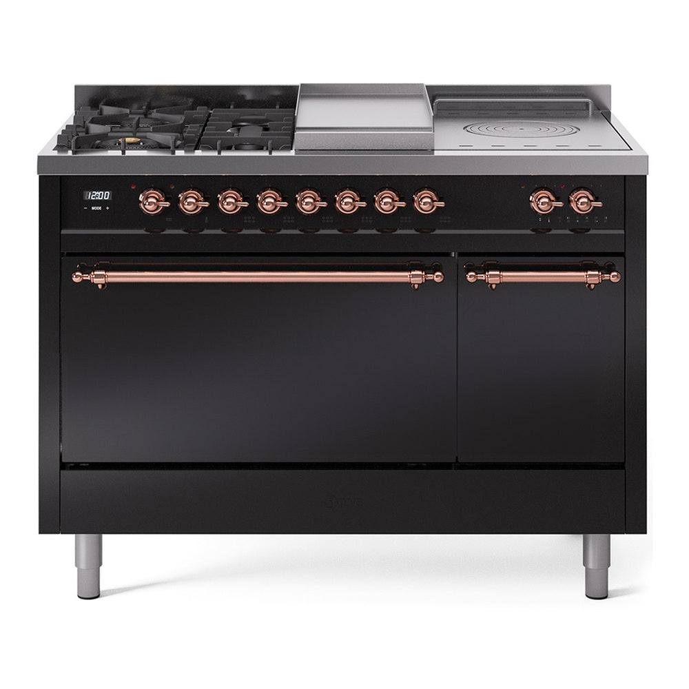 ILVE Nostalgie II 48-Inch Natural Gas Dual Fuel Range with 5 Burners, Griddle, & French Top, with Solid Door Oven in Glossy Black with Copper Trim (UP48FSQNMPBKP)