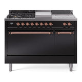 ILVE Nostalgie II 48-Inch Natural Gas Dual Fuel Range with 5 Burners, Griddle, & French Top, with Solid Door Oven in Glossy Black with Copper Trim (UP48FSQNMPBKP)