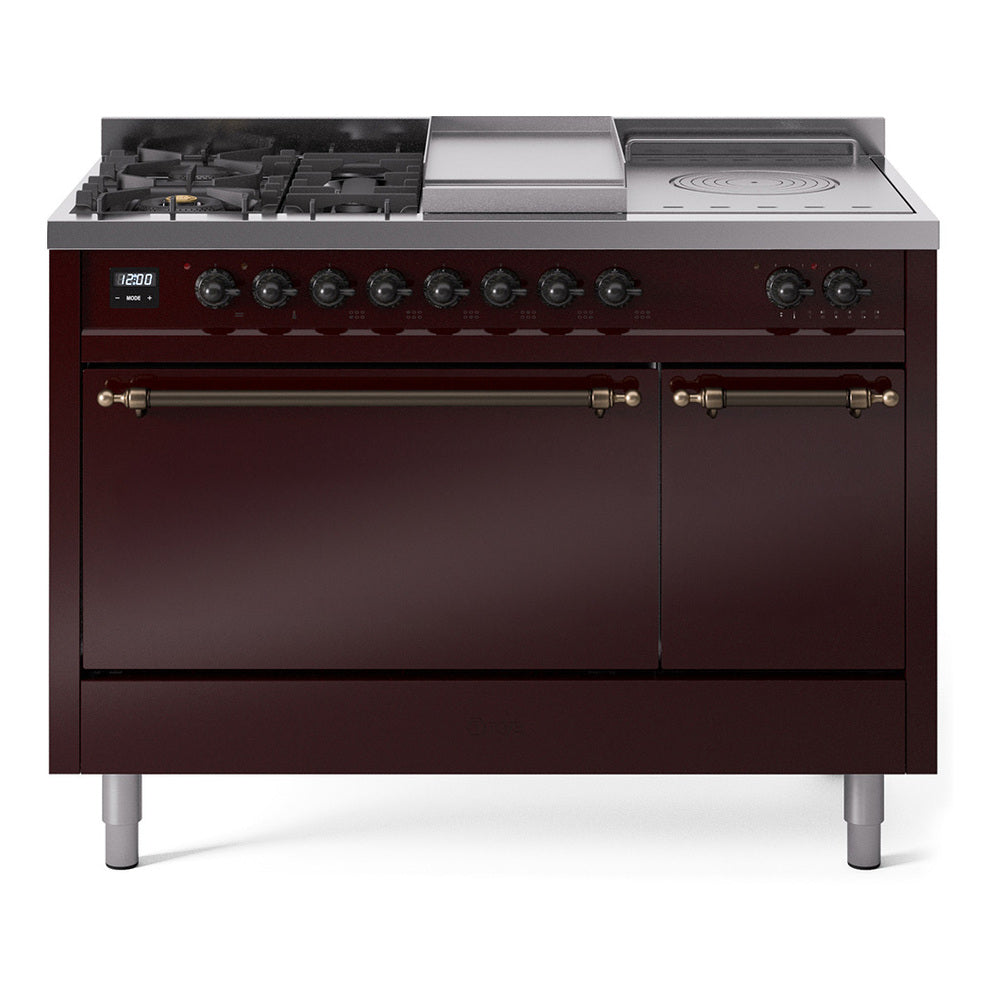 ILVE Nostalgie II 48-Inch Natural Gas Dual Fuel Range with 5 Burners, Griddle, & French Top, with Solid Door Oven in Burgundy with Bronze Trim (UP48FSQNMPBUB)