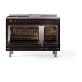 ILVE Nostalgie II 48-Inch Natural Gas Dual Fuel Range with 5 Burners, Griddle, & French Top, with Solid Door Oven in Burgundy with Bronze Trim (UP48FSQNMPBUB)