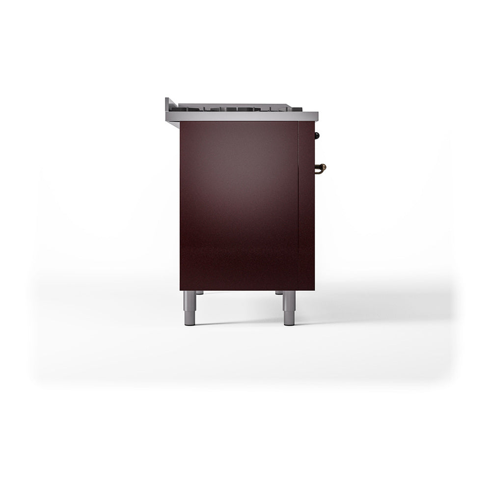 ILVE Nostalgie II 48-Inch Propane Gas Dual Fuel Range with 5 Burners, Griddle, & French Top, with Solid Door Oven in Burgundy with Bronze Trim (UP48FSQNMPBUBLP)