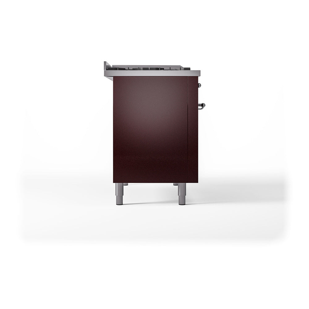 ILVE Nostalgie II 48-Inch Natural Gas Dual Fuel Range with 5 Burners, Griddle, & French Top, with Solid Door Oven in Burgundy with Chrome Trim (UP48FSQNMPBUC)