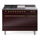 ILVE Nostalgie II 48-Inch Propane Gas Dual Fuel Range with 5 Burners, Griddle, & French Top, with Solid Door Oven in Burgundy with Brass Trim (UP48FSQNMPBUGLP)