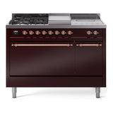 ILVE Nostalgie II 48-Inch Natural Gas Dual Fuel Range with 5 Burners, Griddle, & French Top, with Solid Door Oven in Burgundy with Copper Trim (UP48FSQNMPBUP)