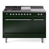 ILVE Nostalgie II 48-Inch Propane Gas Dual Fuel Range with 5 Burners, Griddle, & French Top, with Solid Door Oven in Emerald Green with Chrome Trim (UP48FSQNMPEGCLP)