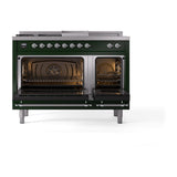 ILVE Nostalgie II 48-Inch Propane Gas Dual Fuel Range with 5 Burners, Griddle, & French Top, with Solid Door Oven in Emerald Green with Chrome Trim (UP48FSQNMPEGCLP)