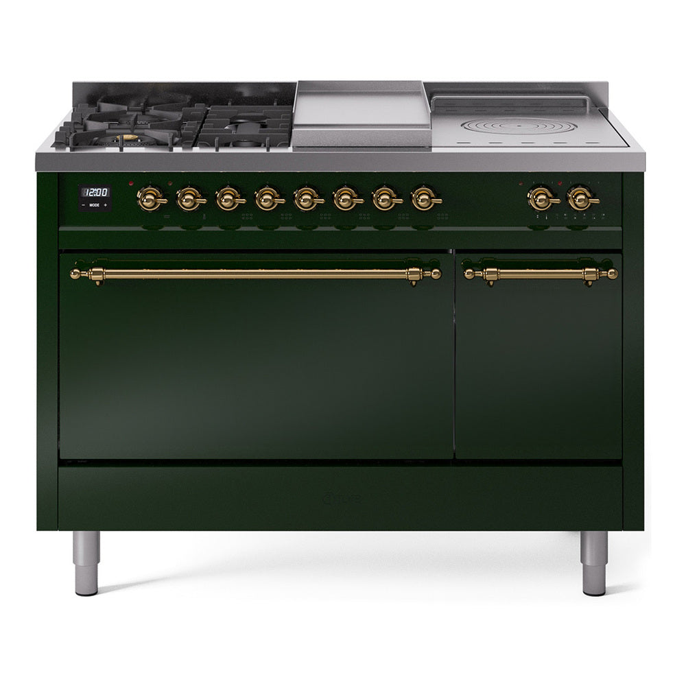 ILVE Nostalgie II 48-Inch Propane Gas Dual Fuel Range with 5 Burners, Griddle, & French Top, with Solid Door Oven in Emerald Green with Brass Trim (UP48FSQNMPEGGLP)