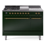 ILVE Nostalgie II 48-Inch Propane Gas Dual Fuel Range with 5 Burners, Griddle, & French Top, with Solid Door Oven in Emerald Green with Brass Trim (UP48FSQNMPEGGLP)