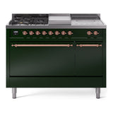 ILVE Nostalgie II 48-Inch Propane Gas Dual Fuel Range with 5 Burners, Griddle, & French Top, with Solid Door Oven in Emerald Green with Bronze Trim (UP48FSQNMPEGBLP)
