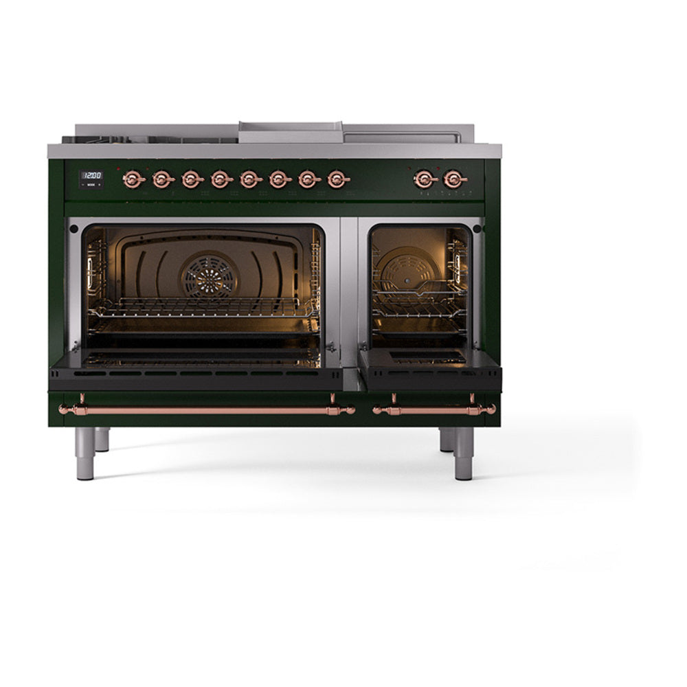 ILVE Nostalgie II 48-Inch Natural Gas Dual Fuel Range with 5 Burners, Griddle, & French Top, with Solid Door Oven in Emerald Green with Copper Trim (UP48FSQNMPEGP)